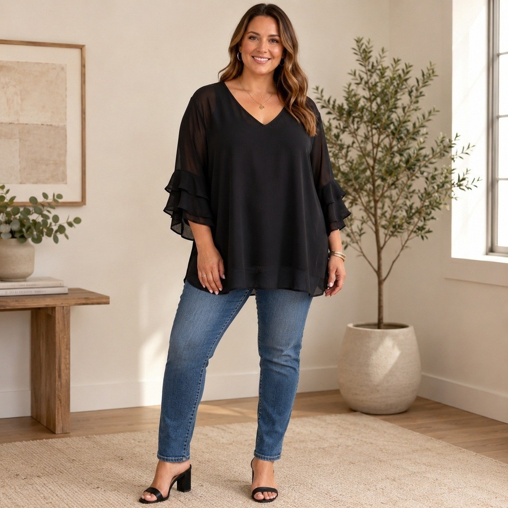 Valolia Black Sheer Ruffle Sleeve Blouse Minimalist Office Chic NWT XL